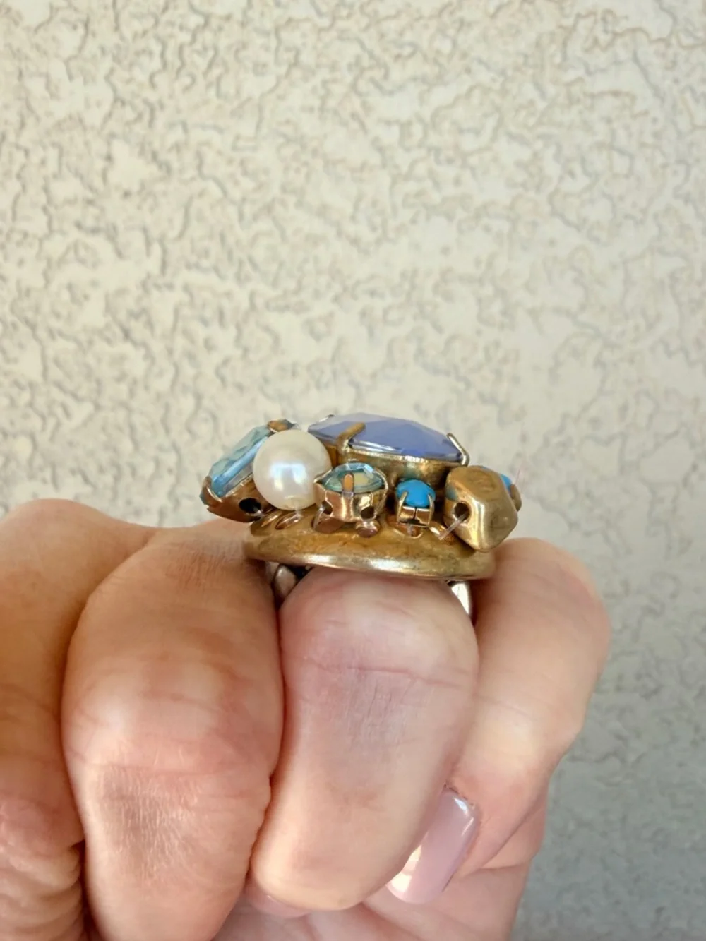 Bold Lavender Multistone Statement Ring with Aqua and Pearl Accents